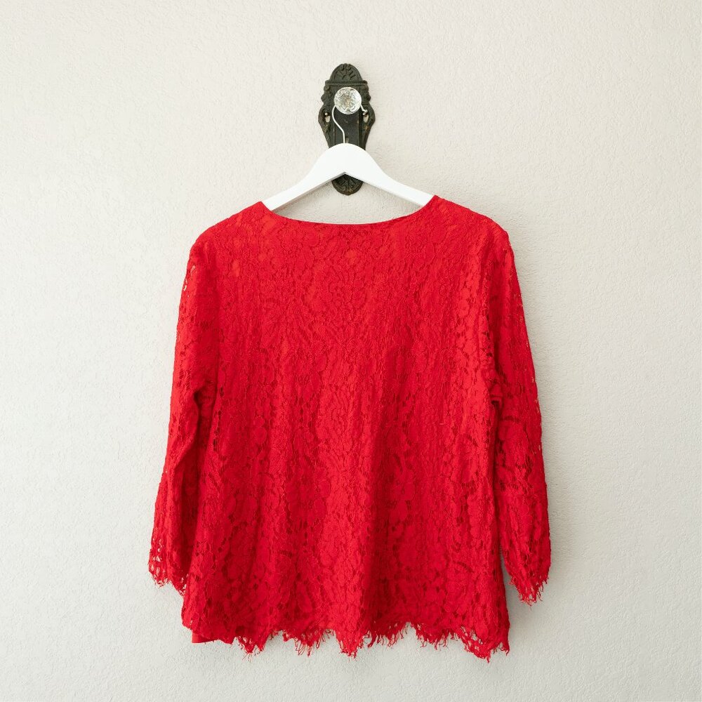 Zac & Rachel Red Lace Top Large V Neck Floral Lace Blouse Lined 3/4 Sleeve - Picture 9 of 13